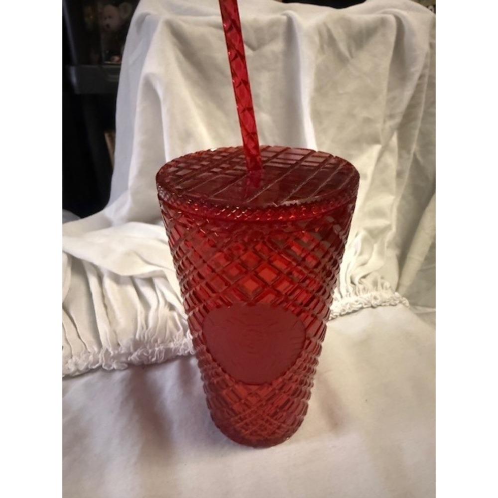Starbucks Red Jeweled Grid Cold Cup Tumbler 16 fl‎ oz with Straw Limited Edition